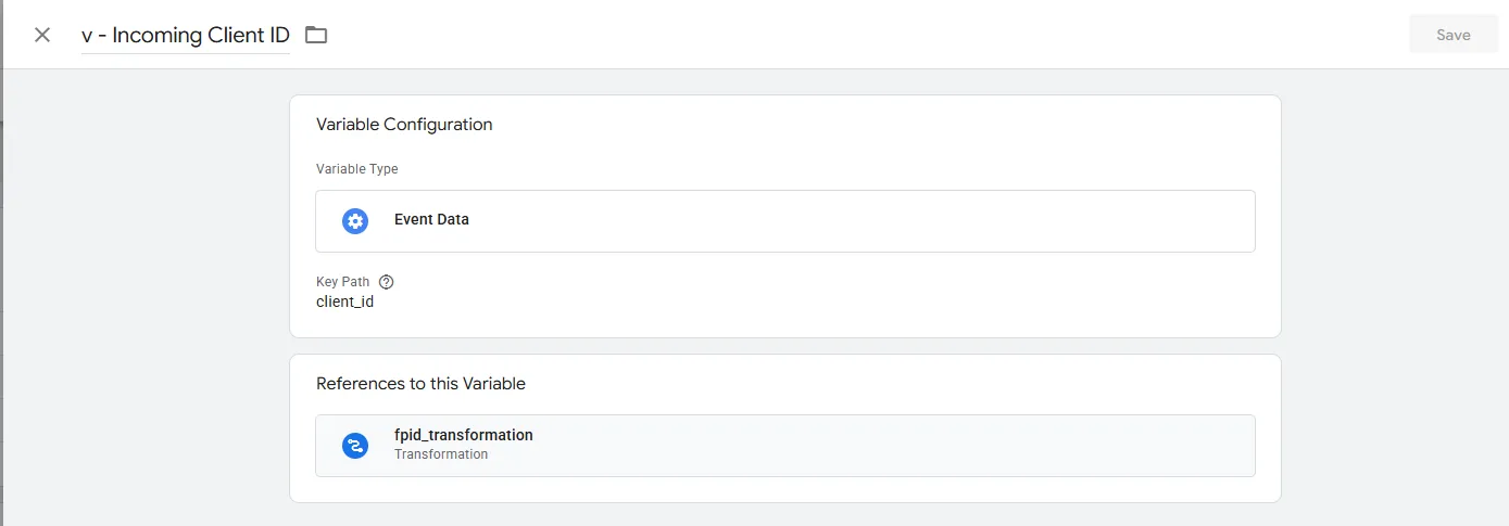 The v - Incoming Client ID variable: Event Data with Key Path client_id, referenced by fpid_transformation.