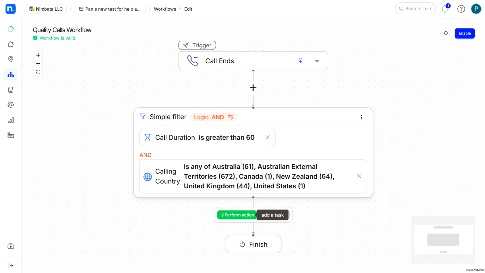The quality calls workflow with Perform action shown below the Simple filter.