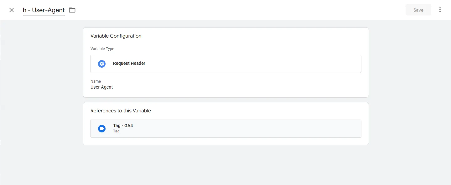The h - User-Agent variable: Request Header with Name User-Agent, referenced by Tag - GA4.
