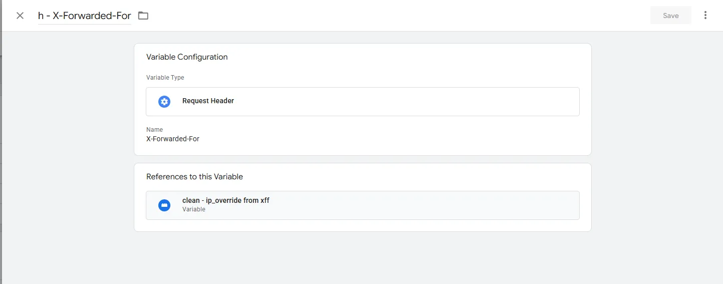 The h - X-Forwarded-For variable: Request Header with Name X-Forwarded-For, referenced by clean - ip_override from xff.