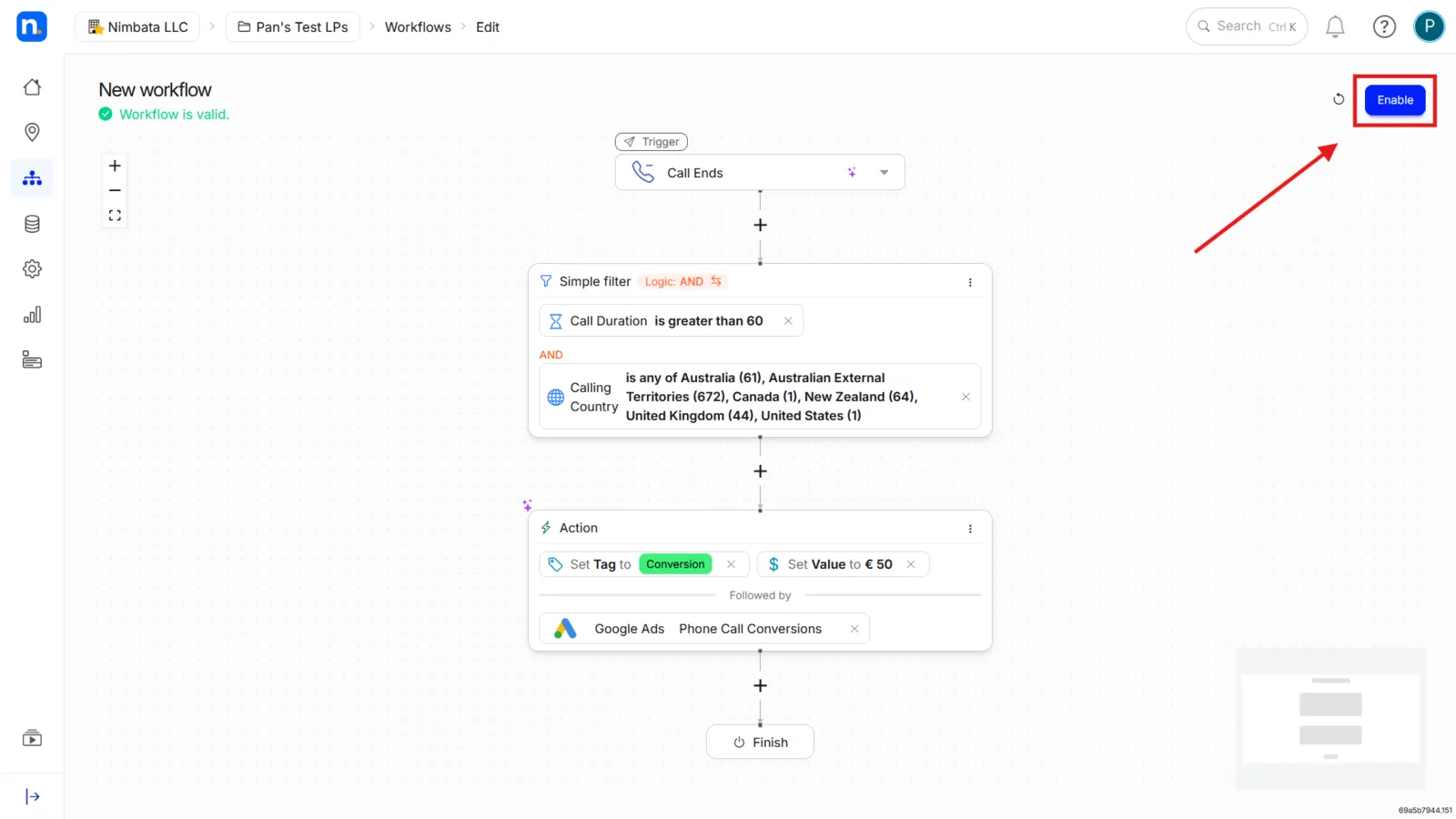 The finished quality calls workflow with the Enable button marked.