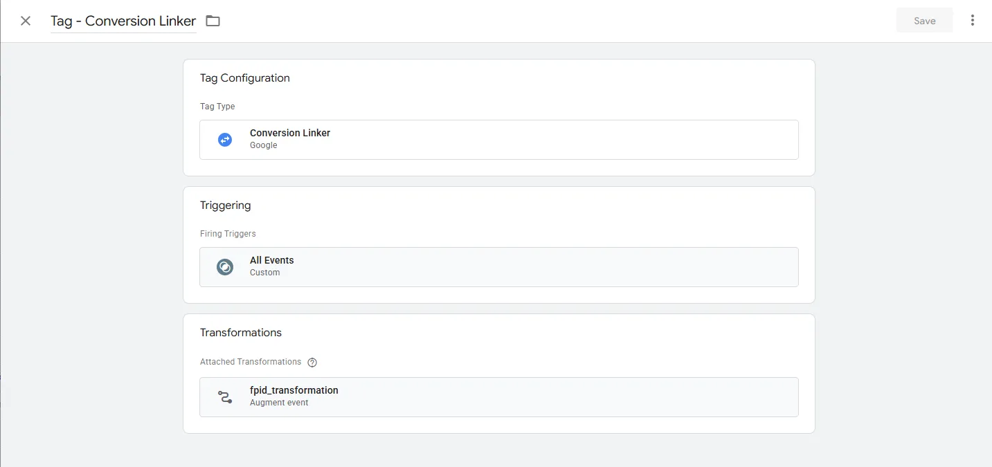 Tag - Conversion Linker with an All Events trigger and fpid_transformation attached.